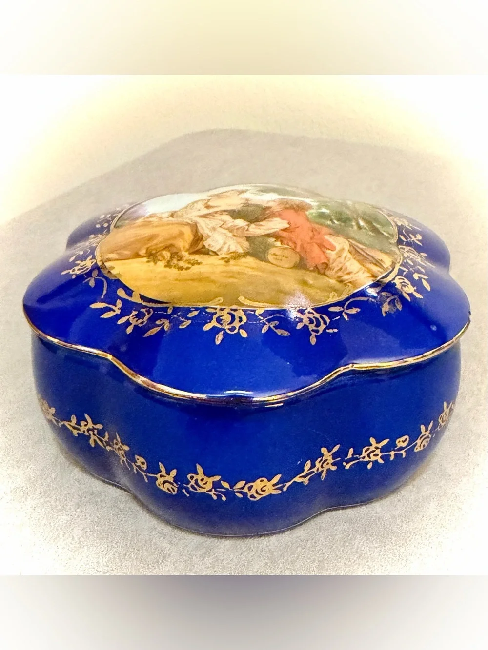 RS Prussia Reproduction Trinket Box Victorian Lovers Blue Gold Porcelain